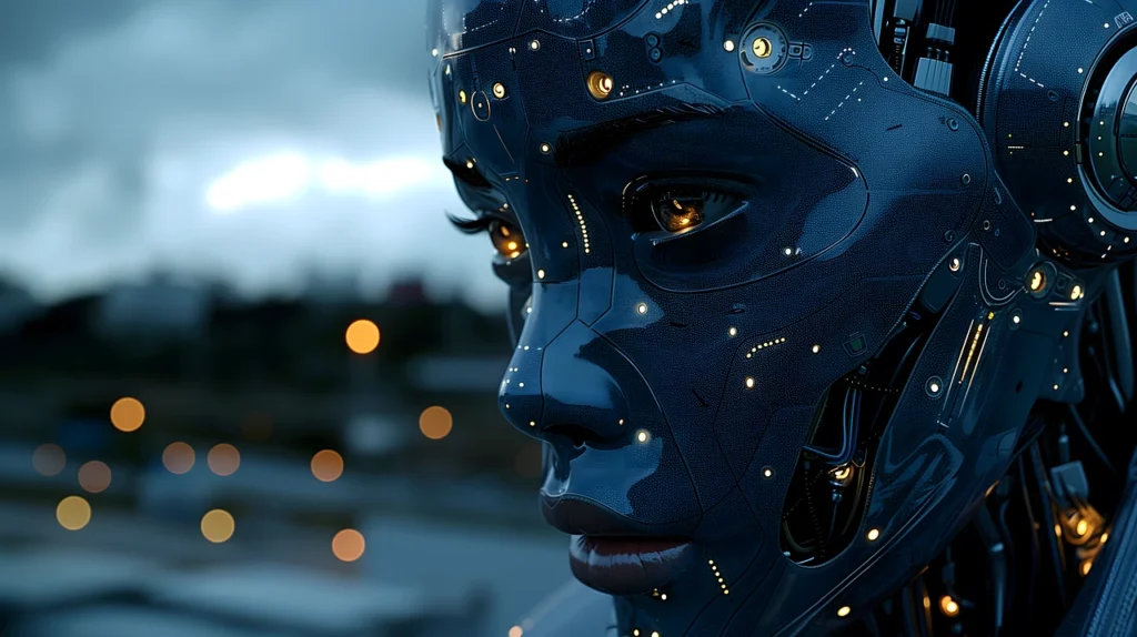 Nahaufnahme eines futuristischen KI-Roboter-Gesichts vor einem Webdesign-Interface
