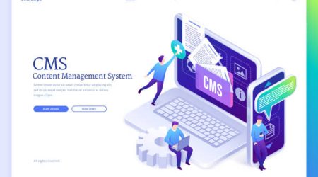 Content management system banner. Concept of development software for social media, update and admin apps. Vector landing page of CMS with isometric people work with computer and mobile phone